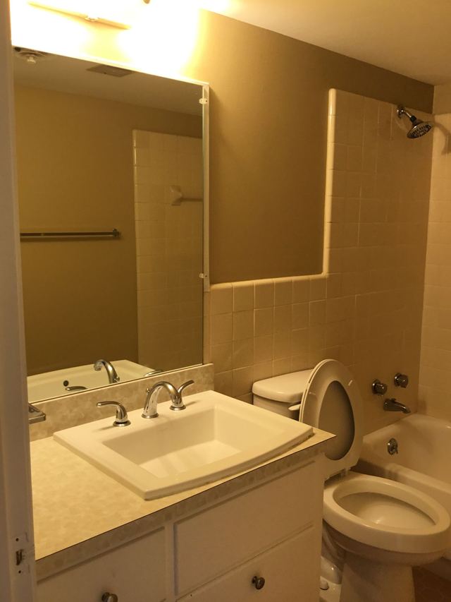 Bathroom in Unit 103 with a white vanity, large mirror, clean tile tub surround, and toilet