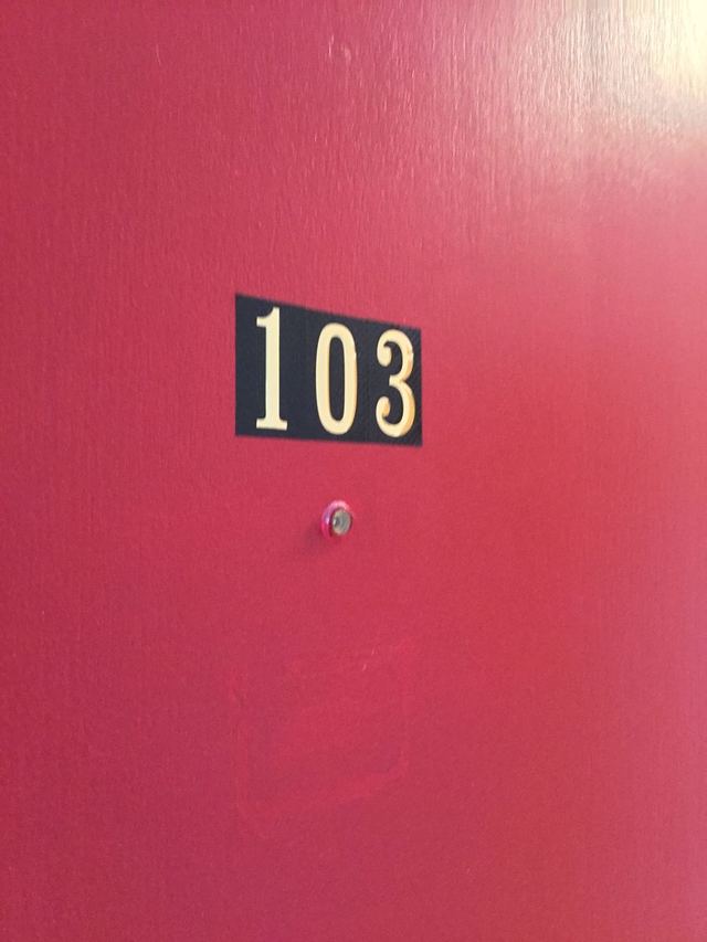 Red front door of Unit 103 with brass number plate
