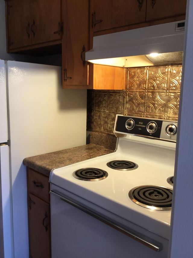 Kitchen in Unit 103 with a white electric range and pressed-tin style backsplash