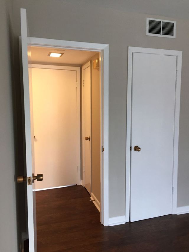 Upgraded unit hallway with Agreeable Gray walls, white doors, and dark wood-look flooring